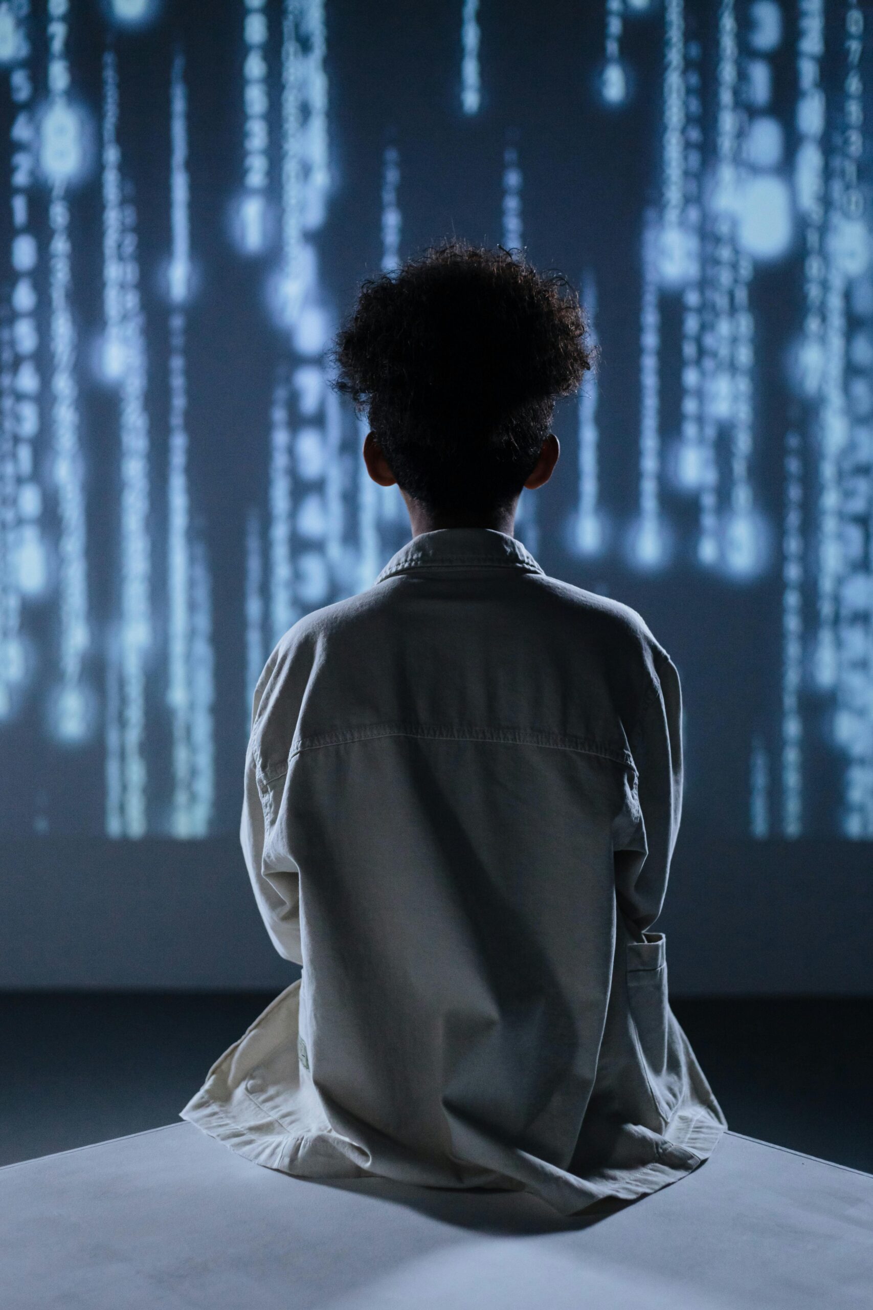 Back view of a child sitting and facing a digital display, evoking technological themes.